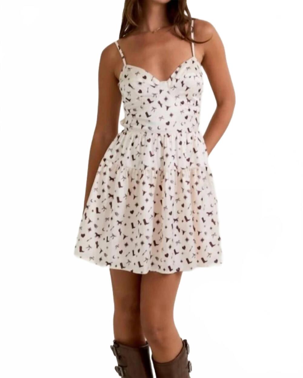 NEW LE LIS western printed open back dress in beige